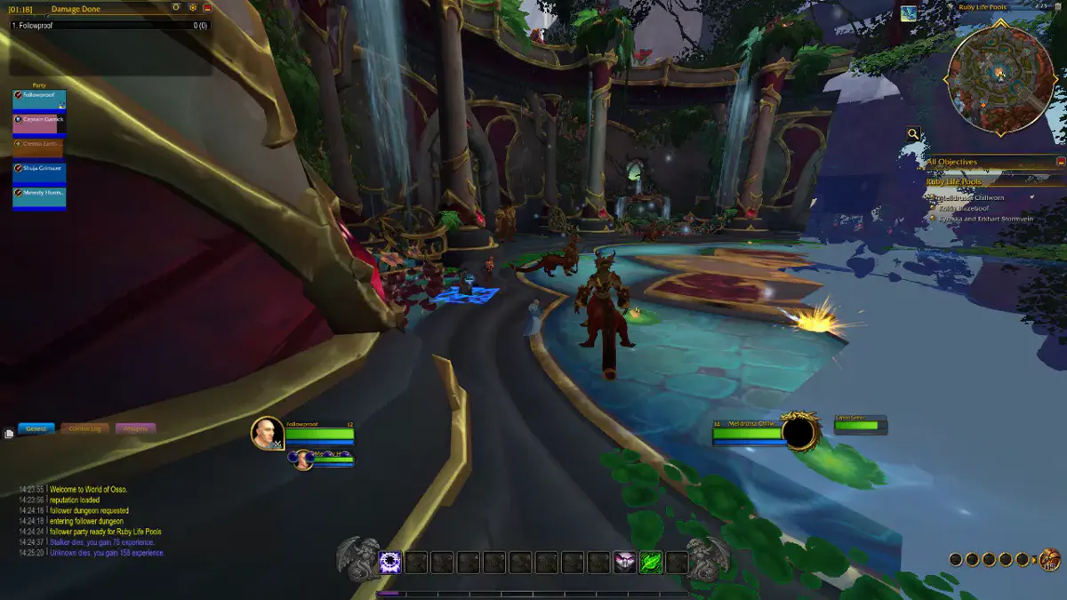 Follower companions fighting a boss in Ruby Life Pools